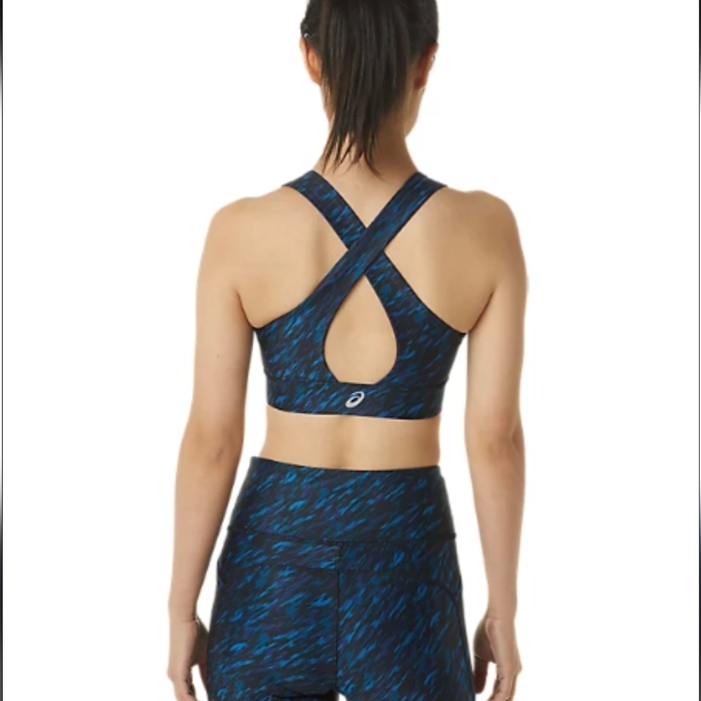Asics Blue and Black Patterned Sports Bra and Shorts Set